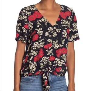 Madewell Floral V-Neck Tie-Front Blouse Navy Blue Size Medium